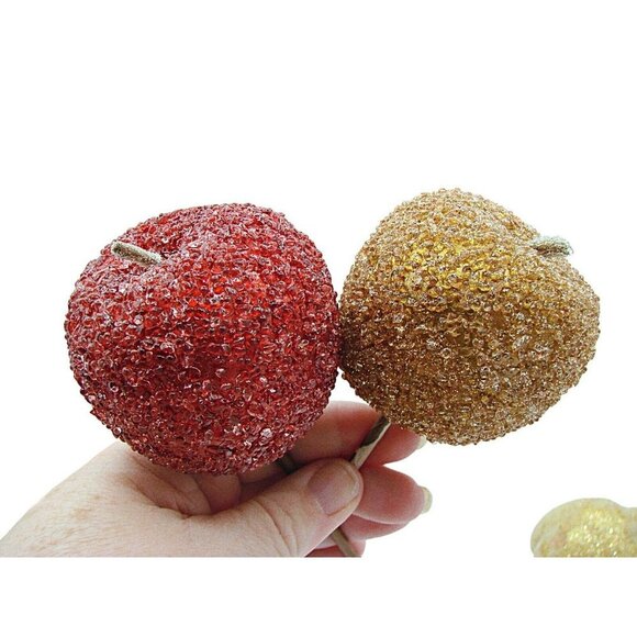 Lot 8 Ornaments Holiday Decor Sugar Glittered Beaded Fruit Apples Pears MCM Vtg - Picture 7 of 12